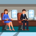 A man and a woman are sitting in the cabin of the plane. Vector illustration.