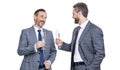 two businessmen partner celebrating business deal with champagne. successful partnership in business deal. confident Royalty Free Stock Photo