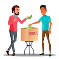 Two Businessmen Putting Money In A Donation Box Vector. Isolated Illustration