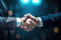 Two businessmen reaching agreement, shaking hands
