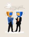 Two businessmen with retro computers on head communicating. Worldwide cooperation and partnership. Royalty Free Stock Photo