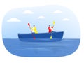 Two businessmen rowing in the different directions in a canoe, Conflict situation vector illustration