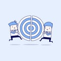 Two businessmen running and push a pieces of target. Cartoon character thin line style vector.