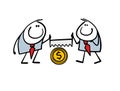 Two businessmen sawing tree trunk with dollar sign or gold coin with hand saw. Vector illustration of mutually