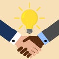 Two businessmen shake hands for a deal, light bulb. Business idea concept. Vector illustration Royalty Free Stock Photo