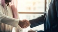 Two businessmen shake hands while making a deal. Ai generative