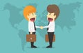 Two businessmen shake hands over world map.Cartoon of business s Royalty Free Stock Photo