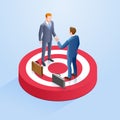 Two businessmen shake hands on the target. Vector Isometric illustration