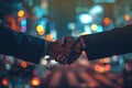 Two businessmen shaking hands against bokeh background. Concept of business meeting and successful deal. teamwork Royalty Free Stock Photo