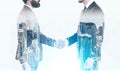 Two businessmen shaking hands in a blue city Royalty Free Stock Photo