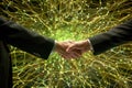 Two businessmen shaking hands in front of abstract neural network background Royalty Free Stock Photo