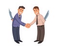 Two businessmen shaking hands with knives behind their backs. Businessmen-hypocrites. Flat vector illustration. Isolated