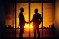 Two businessmen shaking hands, standing at the window in a large office. AI generated Royalty Free Stock Photo