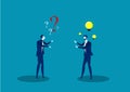 Two businessmen share idea positive thinking and question solution thinking illustrator