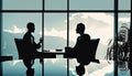 Two businessmen silhouettes negotiation in office across from panoramic window