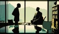 Two businessmen silhouettes negotiation in office across from panoramic window