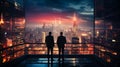 two businessmen standing in front of a huge window of a skyscraper and looking out on the big city at night