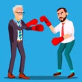 Two Businessmen In Suits Fight In Boxing Gloves Vector. Isolated Illustration