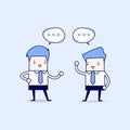 Two businessmen talking and discussing about business strategy. Cartoon character thin line style vector.