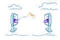 Two businessmen throwing envelope message online chat communication internet mail transfer sketch doodle horizontal