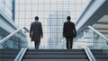 Two businessmen walking up stairs. Successful carrier, financial improvements, business competitors concept