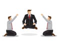 Two businessmen worshipping a business guru floating off the ground. Business metaphor. Concept of strong leadership. Vector Royalty Free Stock Photo