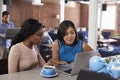 Two Businesswomen Have Informal Meeting In Office Coffee Bar