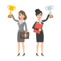 Two businesswomen holding cup and smiling