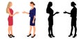 Two businesswomen make agreement, color and black silhouette. Vector illustration