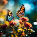 two butterflies sitting on top of a small yellow flower next to red flowers Royalty Free Stock Photo