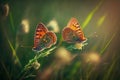 Two Butterflies In A Spring Meadow Against The Background Of Blurred Nature And Sun Rays, A Forest Meadow With A Lot Of Beautiful