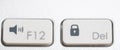 Two buttons close up computer white keyboard, function, F12 function and Del button use for operation program control Royalty Free Stock Photo