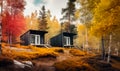 Two Cabins in a Serene Forest Landscape. A painting of two cabins in the woods Royalty Free Stock Photo