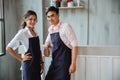 Two cafe waitress portrait in the shop Royalty Free Stock Photo