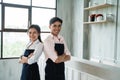 Two cafe waitress portrait in the shop Royalty Free Stock Photo