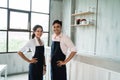 Two cafe waitress portrait in the shop Royalty Free Stock Photo