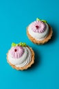 Two cakes on blue background. Holiday concept, lack of diet and weight gain Royalty Free Stock Photo