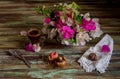 Two cakes, a bouquet of flowers and a cup of coffee Royalty Free Stock Photo