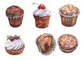 Two cakes with cream and berries, three whole muffins and one half on a white background. Watercolor Royalty Free Stock Photo