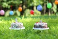 Two cakes with a lit candles in the shape of Royalty Free Stock Photo