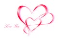 Two calligraphically painted hearts and Love You text on a white background, pink shadow, horizontal