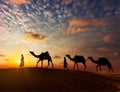 Two cameleers (camel drivers) with camels in dunes of Thar deser Royalty Free Stock Photo