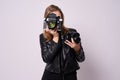 Two cameras. Young girl photographer. White background. Black cl