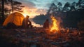 Campers by Lakeside with Tent and Bonfire at Dusk