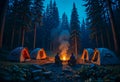 Two campers sit by a warm campfire at night, surrounded by tents and tall pine trees in a peaceful forest setting Royalty Free Stock Photo