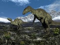 Two camptosaurus dinosaurs walking together - 3D render Royalty Free Stock Photo