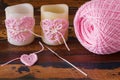 Two candle with pink crochet handmade heart for Saint Valentine Royalty Free Stock Photo