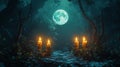 Two Candles Burning in a Dark Forest Underneath a Full Moon Royalty Free Stock Photo