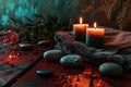 two candles near stones and a towel on red wooden background Royalty Free Stock Photo