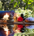 Two candles and towels black-white stones and almond blossom on water